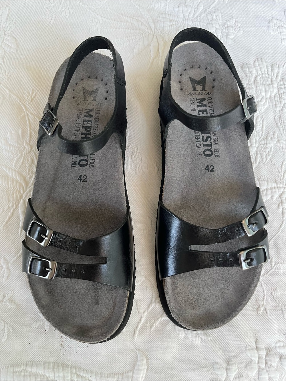Mephisto Black Leather Double-Buckle Slingback Sandals